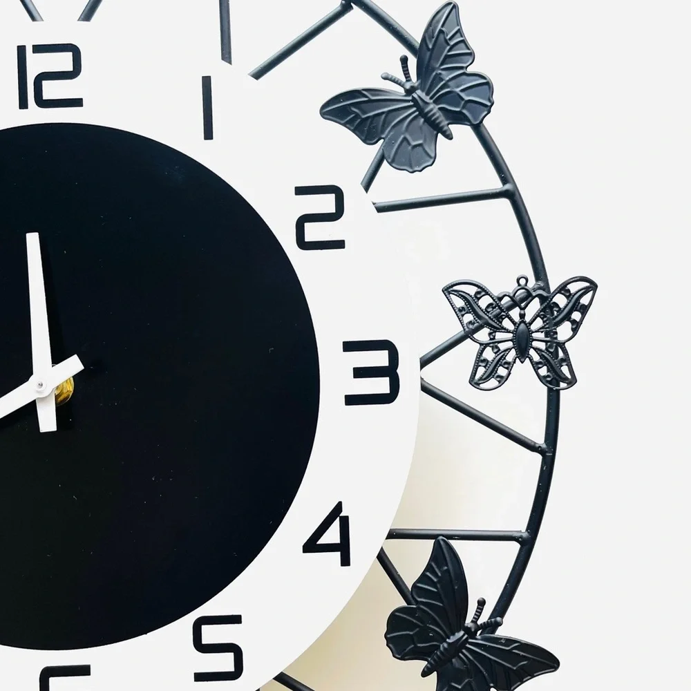 Black And White Metal Wall Clock With Butterfly Design Home Decor 13.5” Diameter